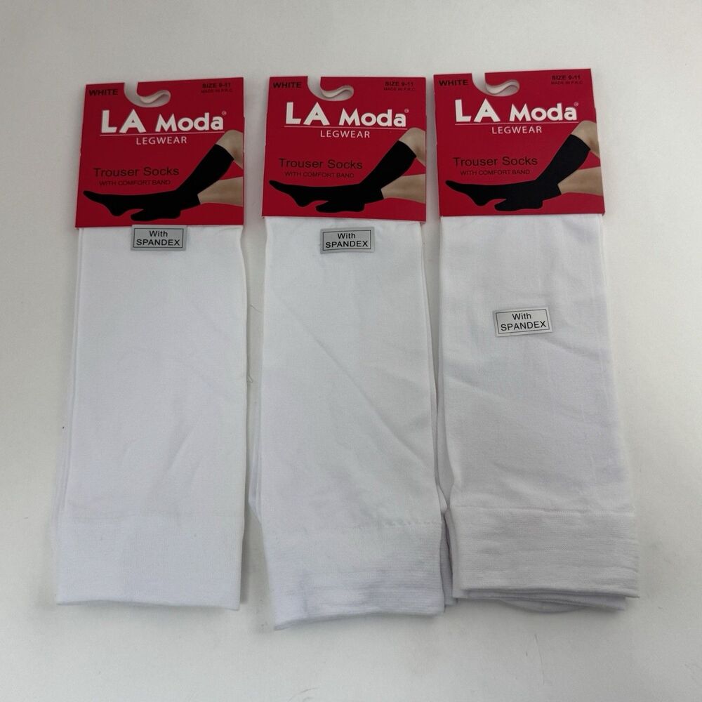LA Moda Trouser Socks 3 Pairs White Comfort Band Spandex Size 9 11 Womens New